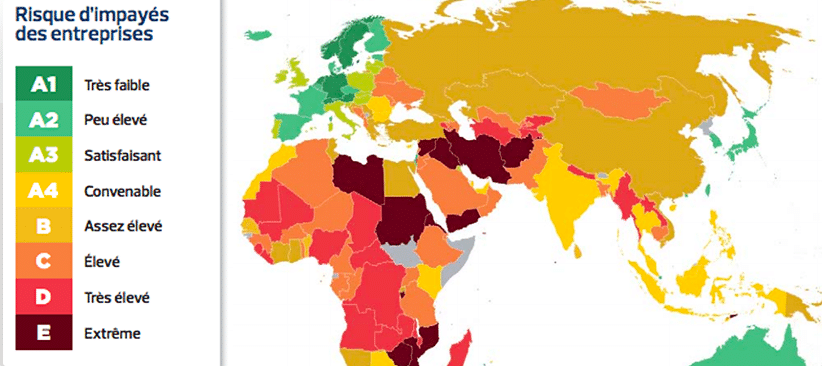 les risques d’impayés en europe et asie carte de monde qui indique les risques d'impayés des entreprises