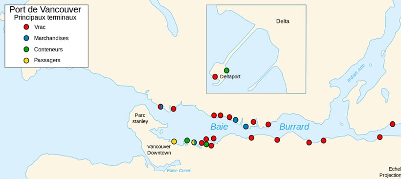 carte des ports de vancourver carte du port de vancouver et ses differents terminaux pour le freight maritime