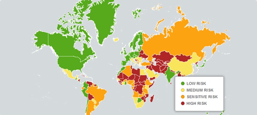 carte du monde et son classement des risques pour le transport de marchandises carte du monde avec un classement par couleur des riques au Canada et dans les autres pays