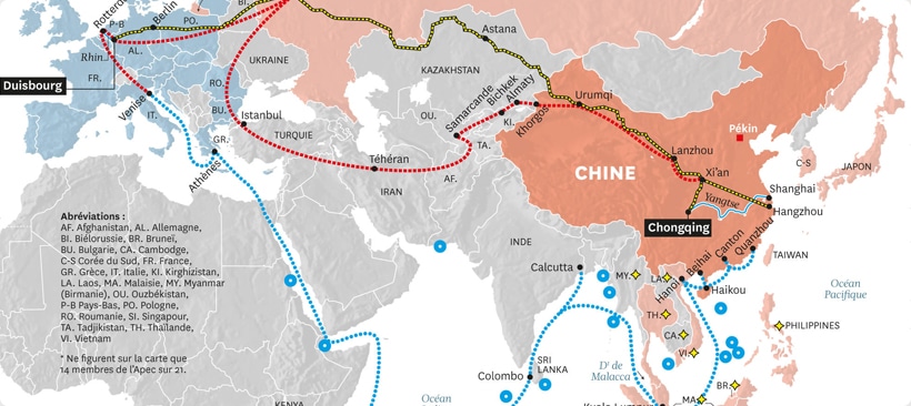 carte des projets de nouvelles routes de transport de la soie carte de l'europe et de l'asie désignant les nouvelles routes de transport pour la soie