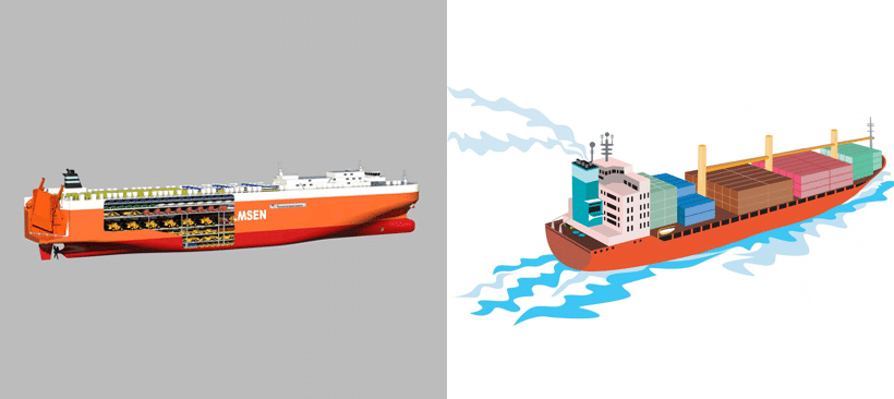 deux types de navire pour le fret maritime illustration d'un transporteur de véhicules et de conteneurs